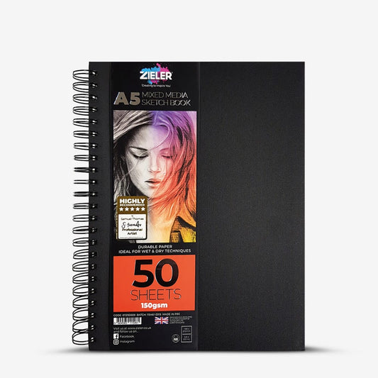 Zieler : Mixed Media Sketchbook : Spiral Bound : 150gsm : 50 Sheets : Portrait