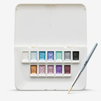 HIMI : Solid Watercolour : Set of 12 Half Pans : 1 Brush Included : Metallic : Metal Case : Silver