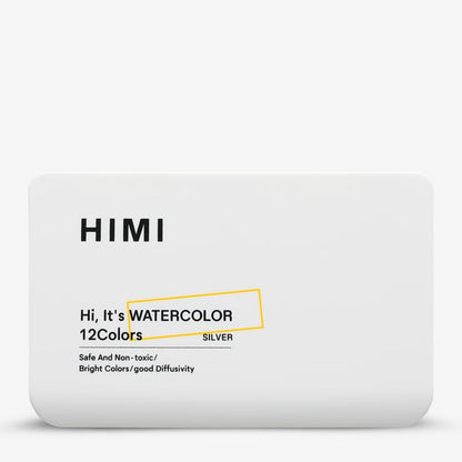 HIMI : Solid Watercolour : Set of 12 Half Pans : 1 Brush Included : Metallic : Metal Case : Silver