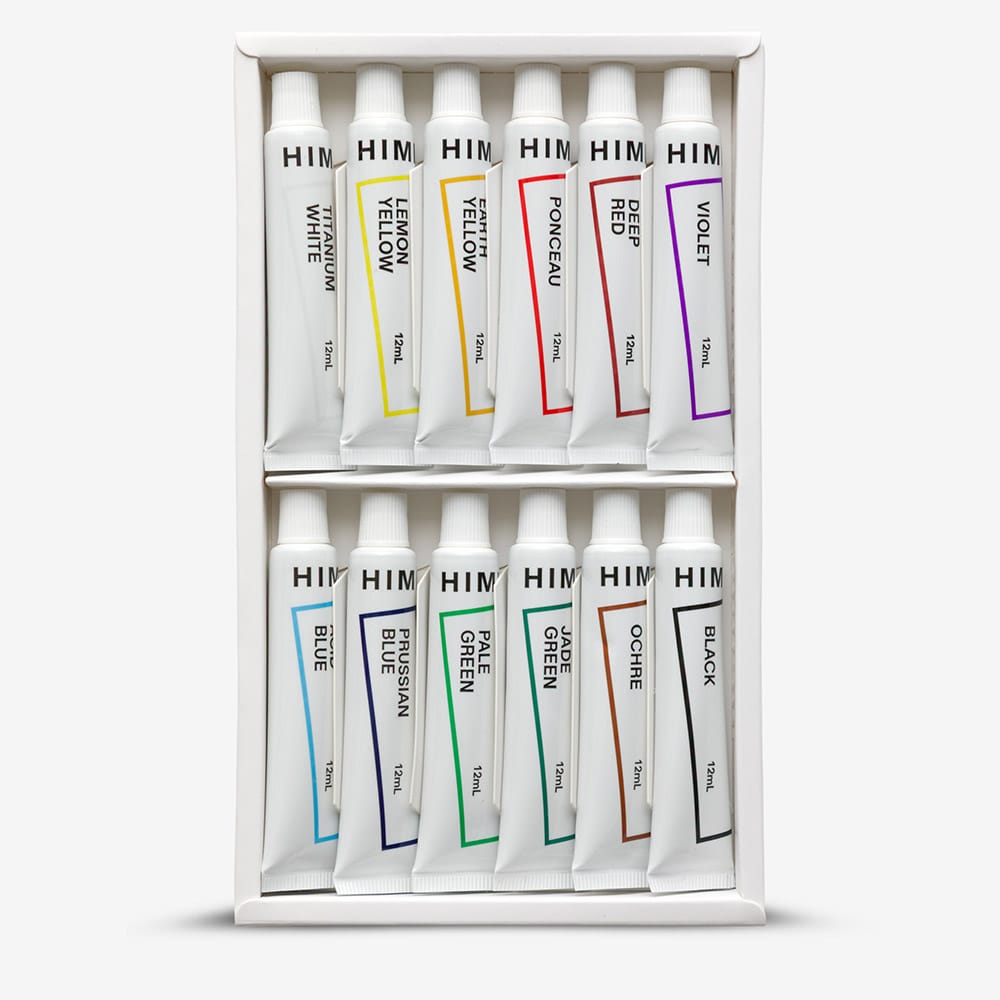 HIMI : Tube Gouache Kit : Set of 12 : 12ml : 3 Brushes Included + 10 Paper Sheets