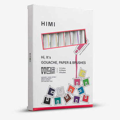 HIMI : Tube Gouache Kit : Set of 12 : 12ml : 3 Brushes Included + 10 Paper Sheets