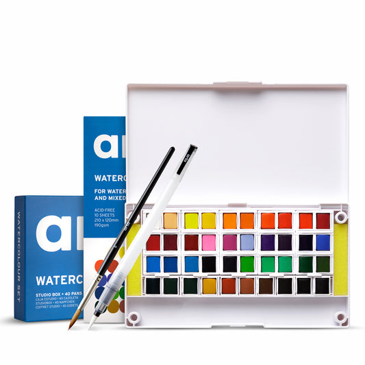 Arta : Watercolour : Half Pan : Studio Set : 40 Half Pans with 2 Brushes and Pad