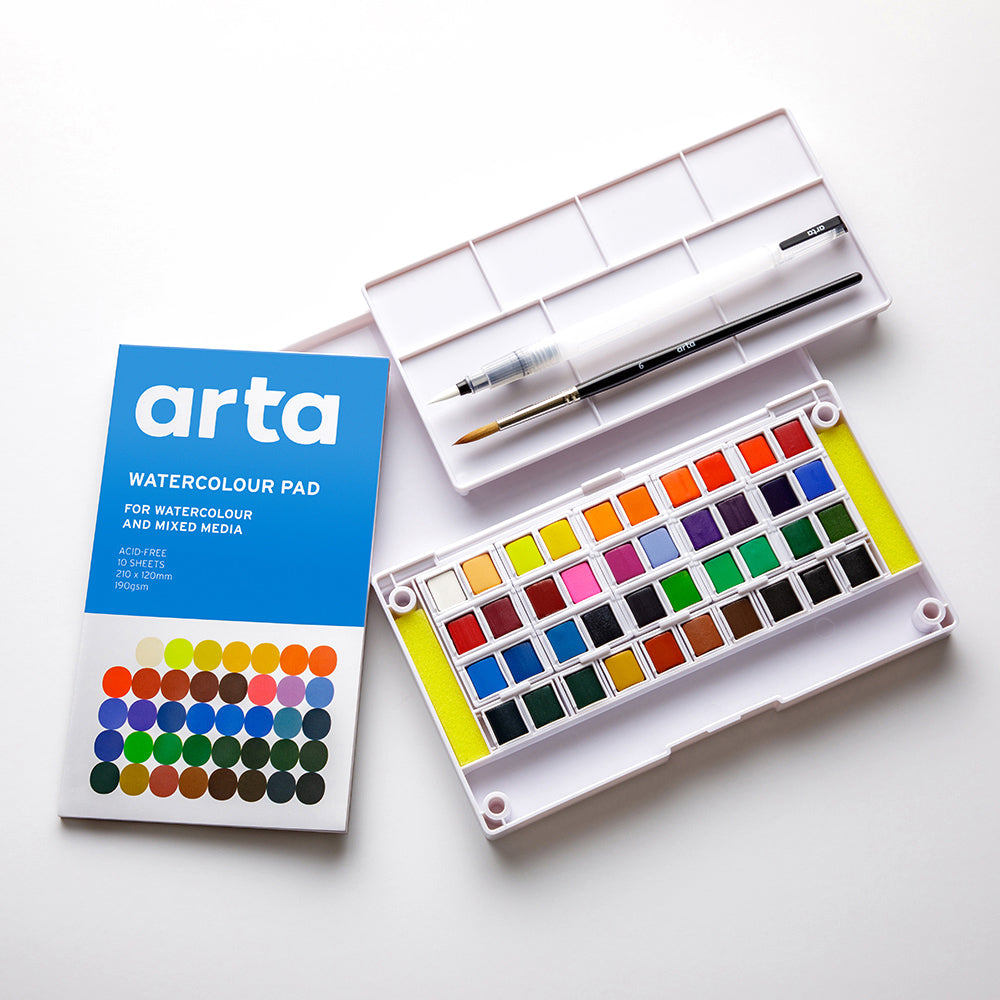 Arta : Watercolour : Half Pan : Studio Set : 40 Half Pans with 2 Brushes and Pad