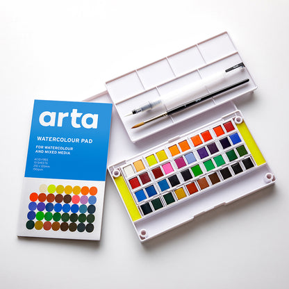 Arta : Watercolour : Half Pan : Studio Set : 40 Half Pans with 2 Brushes and Pad
