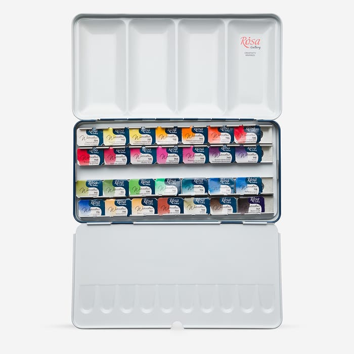 Rosa Gallery : Watercolour Paint : Full Pans : Botanical Set of 28 : Indigo Metal Case