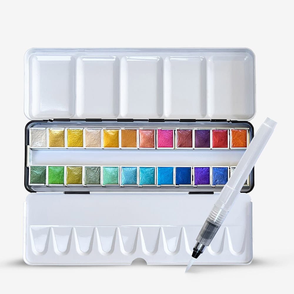 Zieler : Premium Watercolour : Half Pan : Metal Box : Metallic : Set of 24