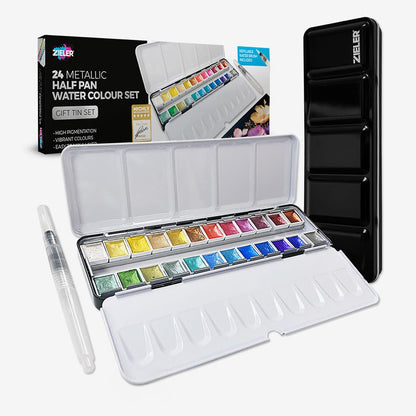 Zieler : Premium Watercolour : Half Pan : Metal Box : Metallic : Set of 24