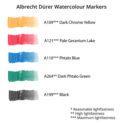 Faber-Castell Albrecht Dürer Watercolour Markers - Set of 5  - Colour Swatches