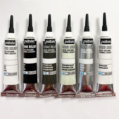 Pebeo Vitrail Cerne Relief Outliner - 20ml - White, Black, Imitation Lead, Transparent Glitter, Silver, and Transparent