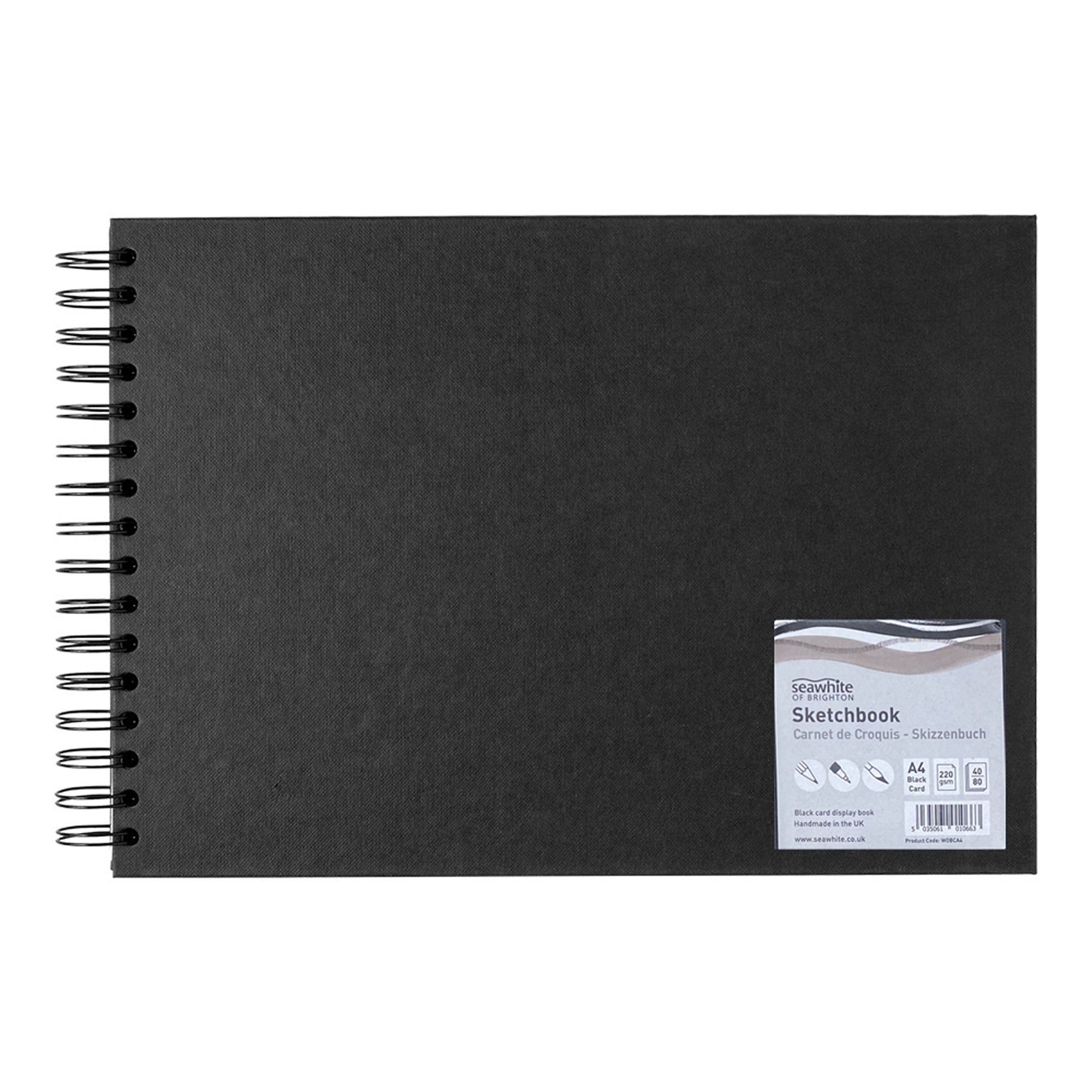 Seawhite Black Card Hardback Spiral Sketchbook - 220gsm - 40 sheets - A4 Landscape