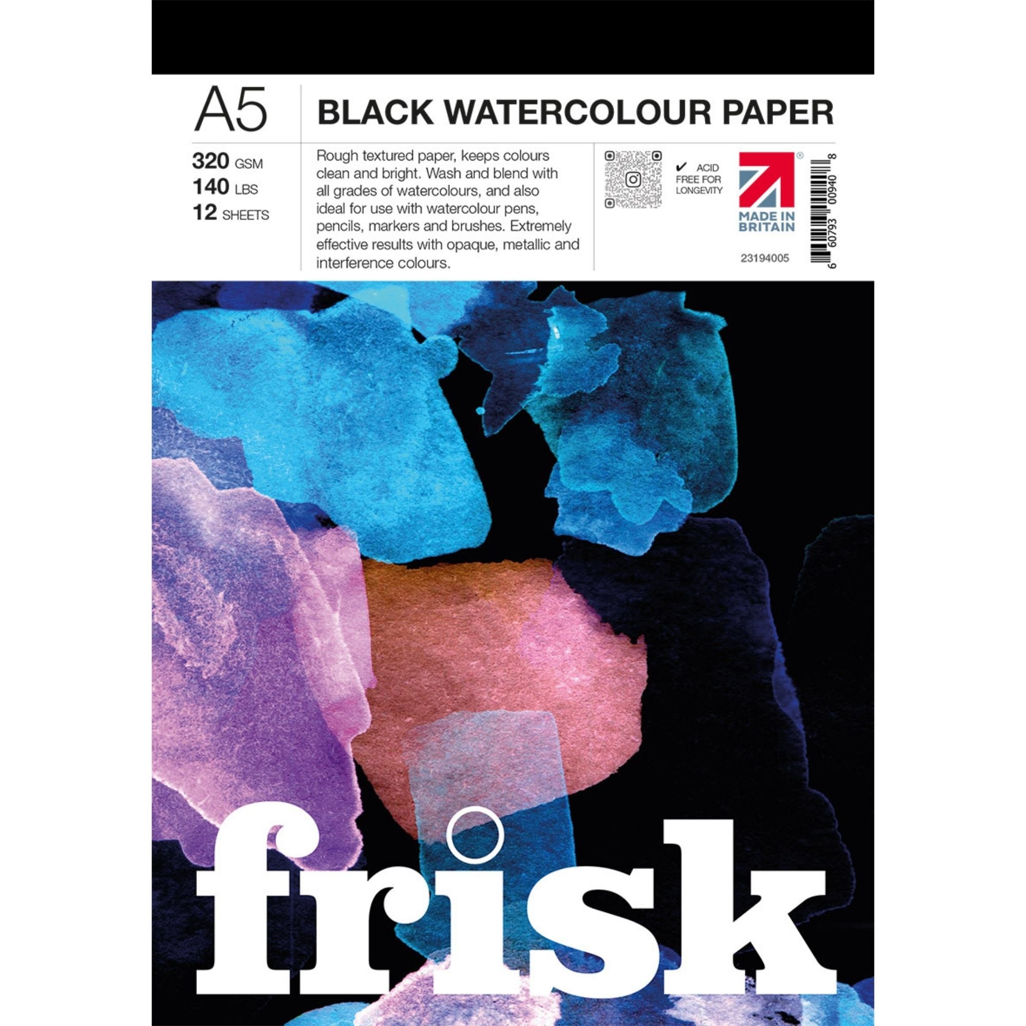 Frisk Black Watercolour Paper Pad 320gsm - 12 Sheets - A5