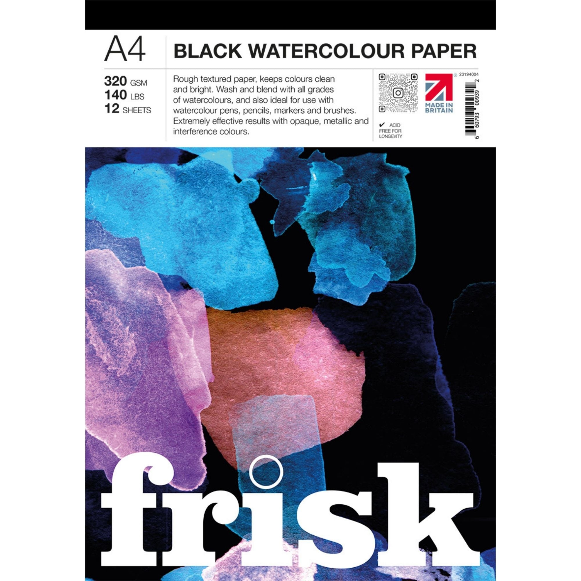 Frisk Black Watercolour Paper Pad 320gsm - 12 Sheets - A4