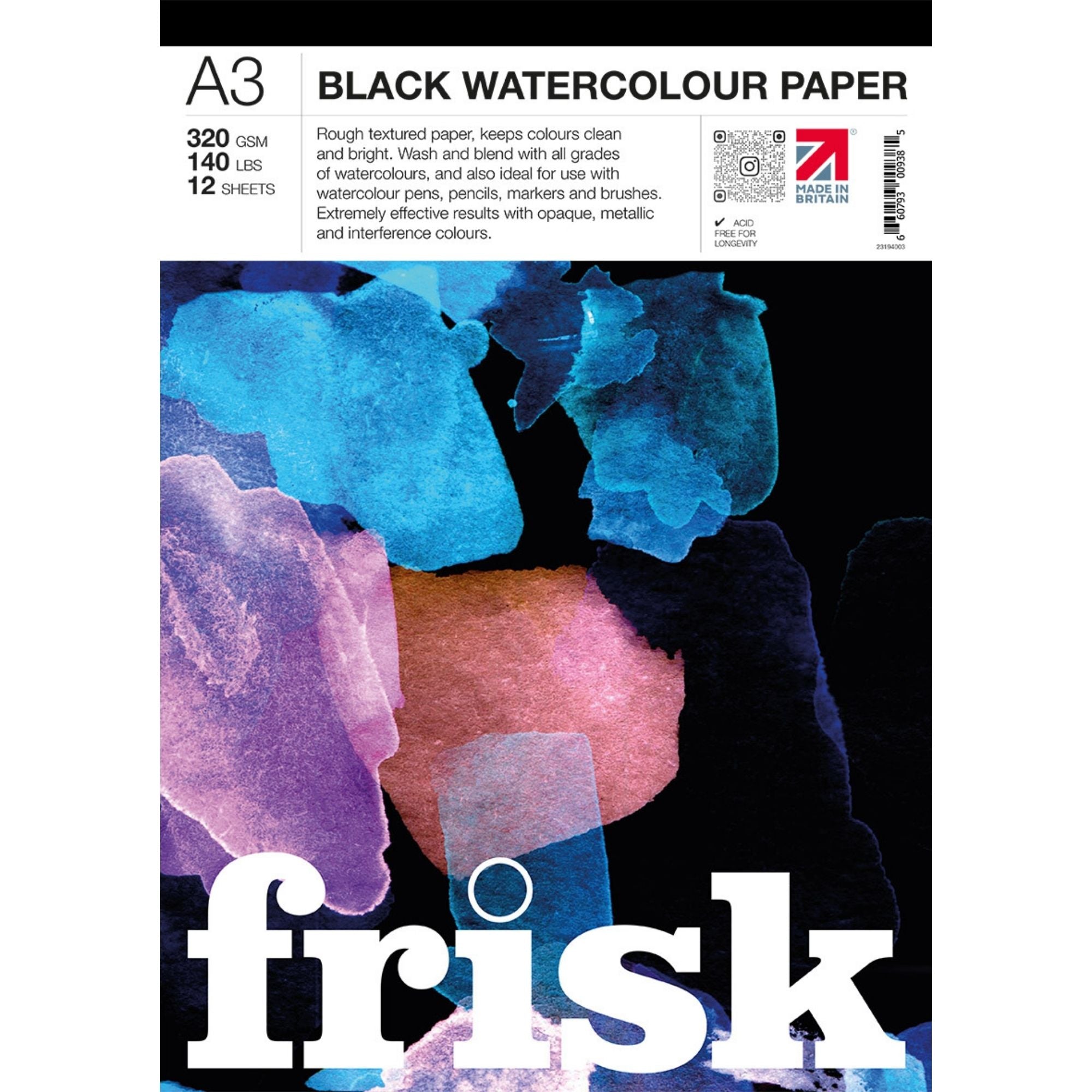 Frisk Black Watercolour Paper Pad 320gsm - 12 Sheets - A3