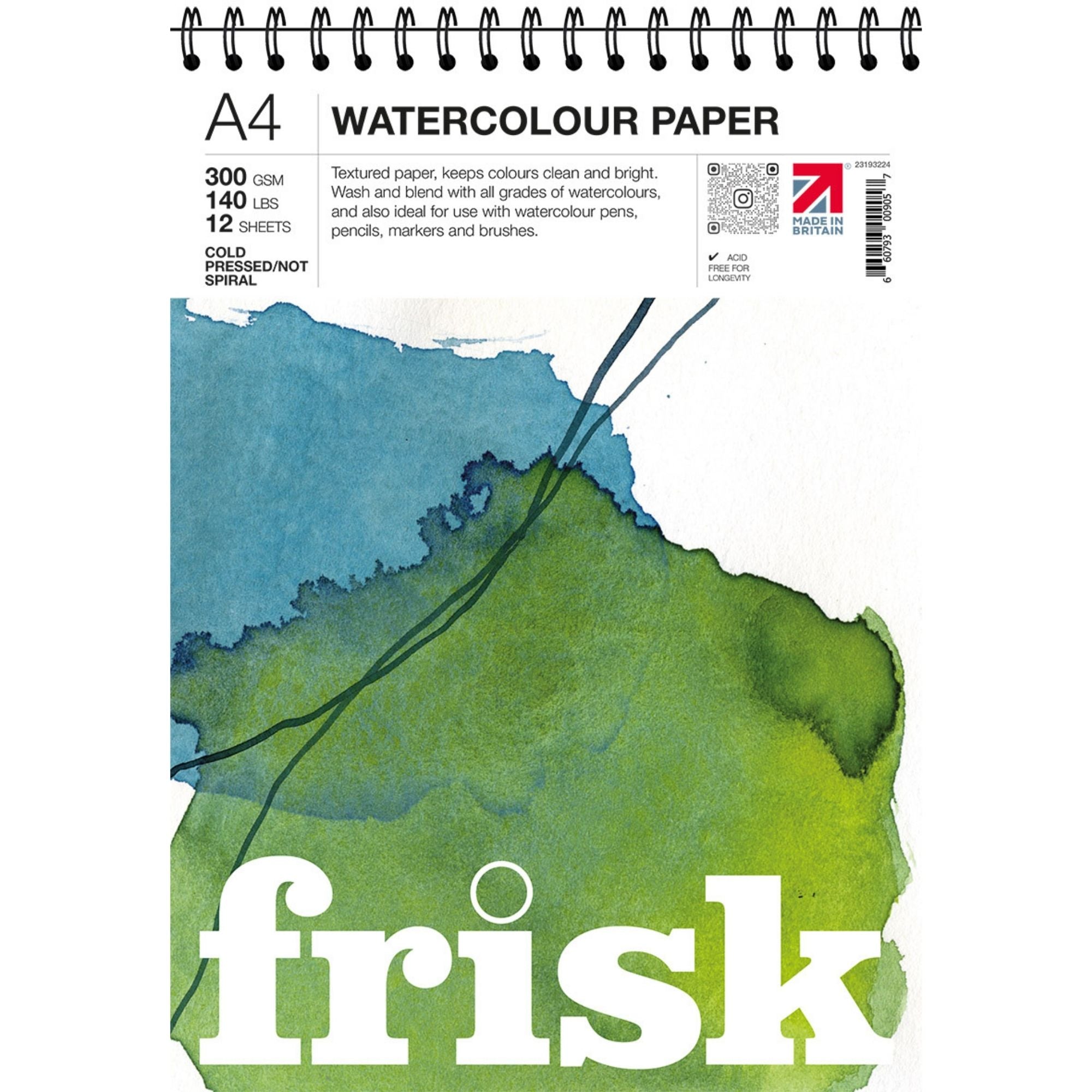 Frisk Watercolour Cold Pressed/ Not Paper Spiral Pad - 300gsm - 12 Sheets