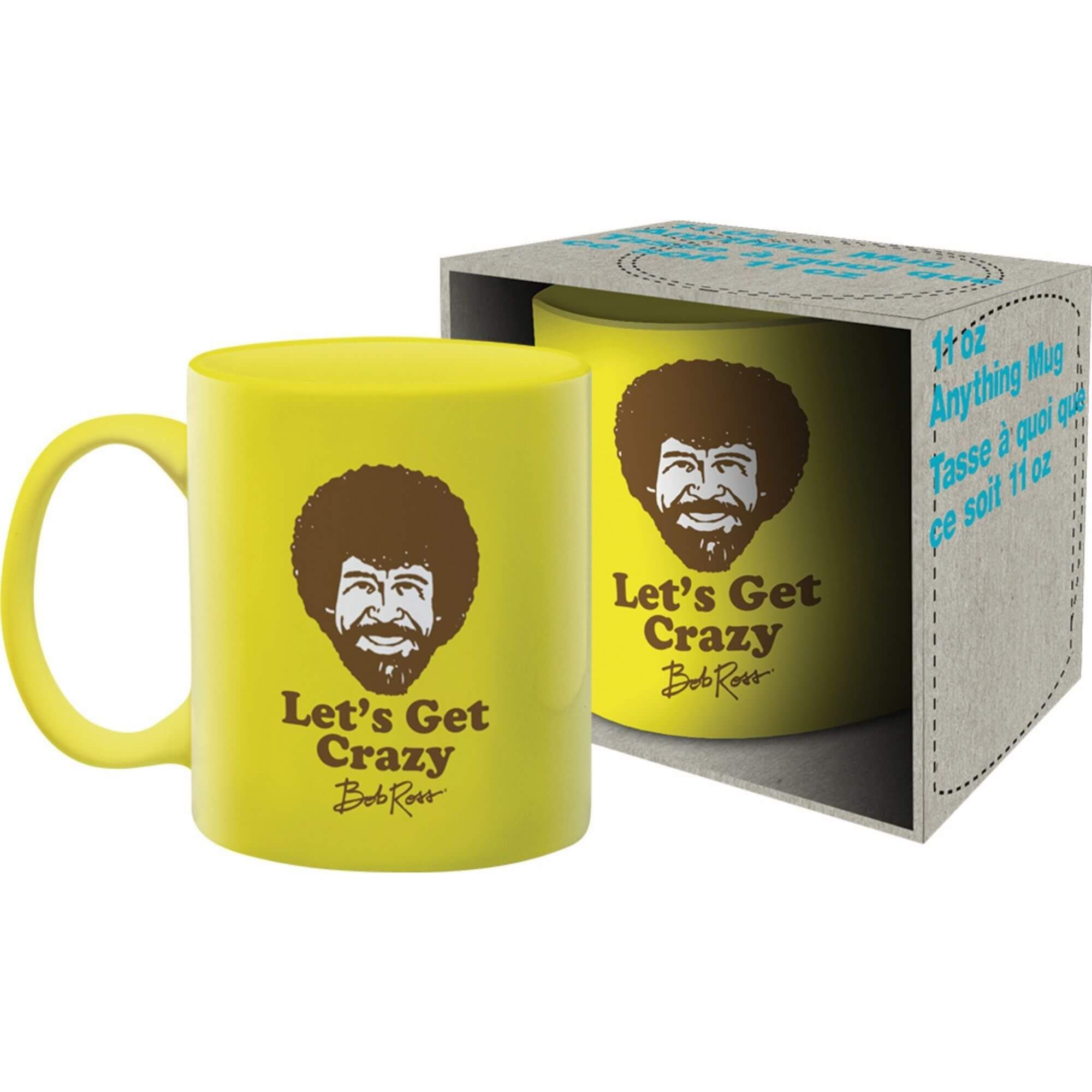 Bob Ross 11oz Mugs - Let's Get Crazy Design, yellow hue