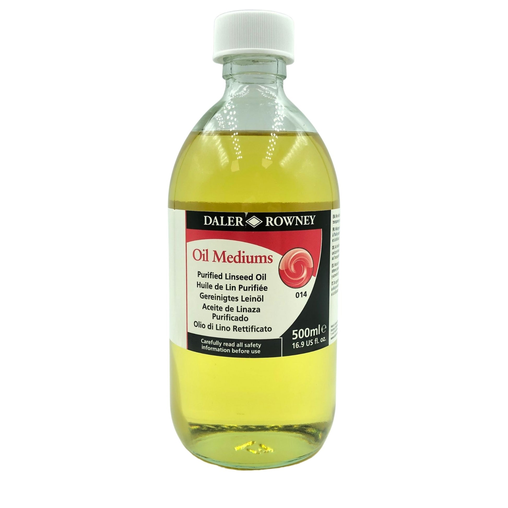 Daler-Rowney Purified Linseed Oil bottle, 500ml, ideal for enhancing oil paints and glazing techniques.