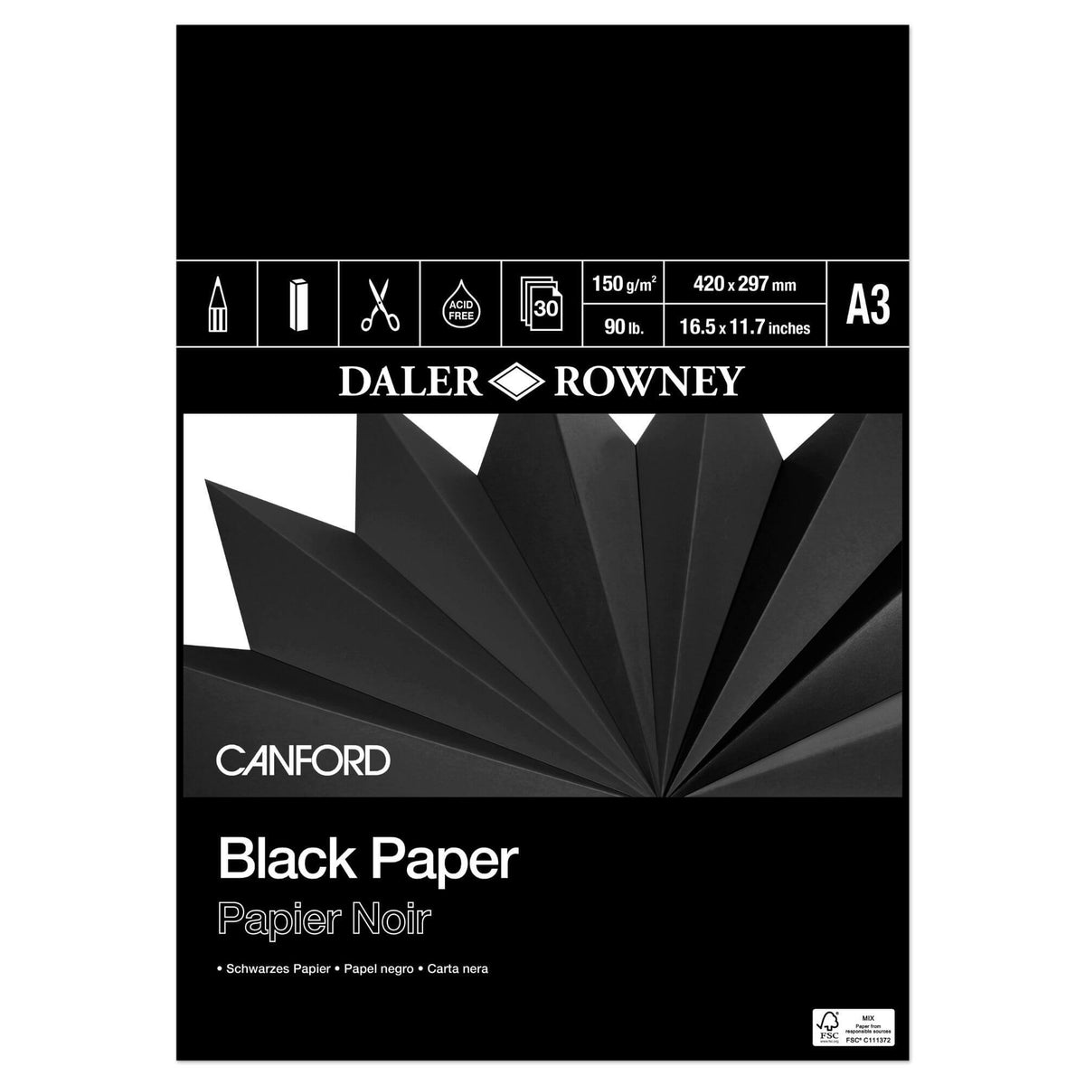 Daler-Rowney Canford Black Pad 150gsm 30 sheets featuring black paper cover and paper fan display.