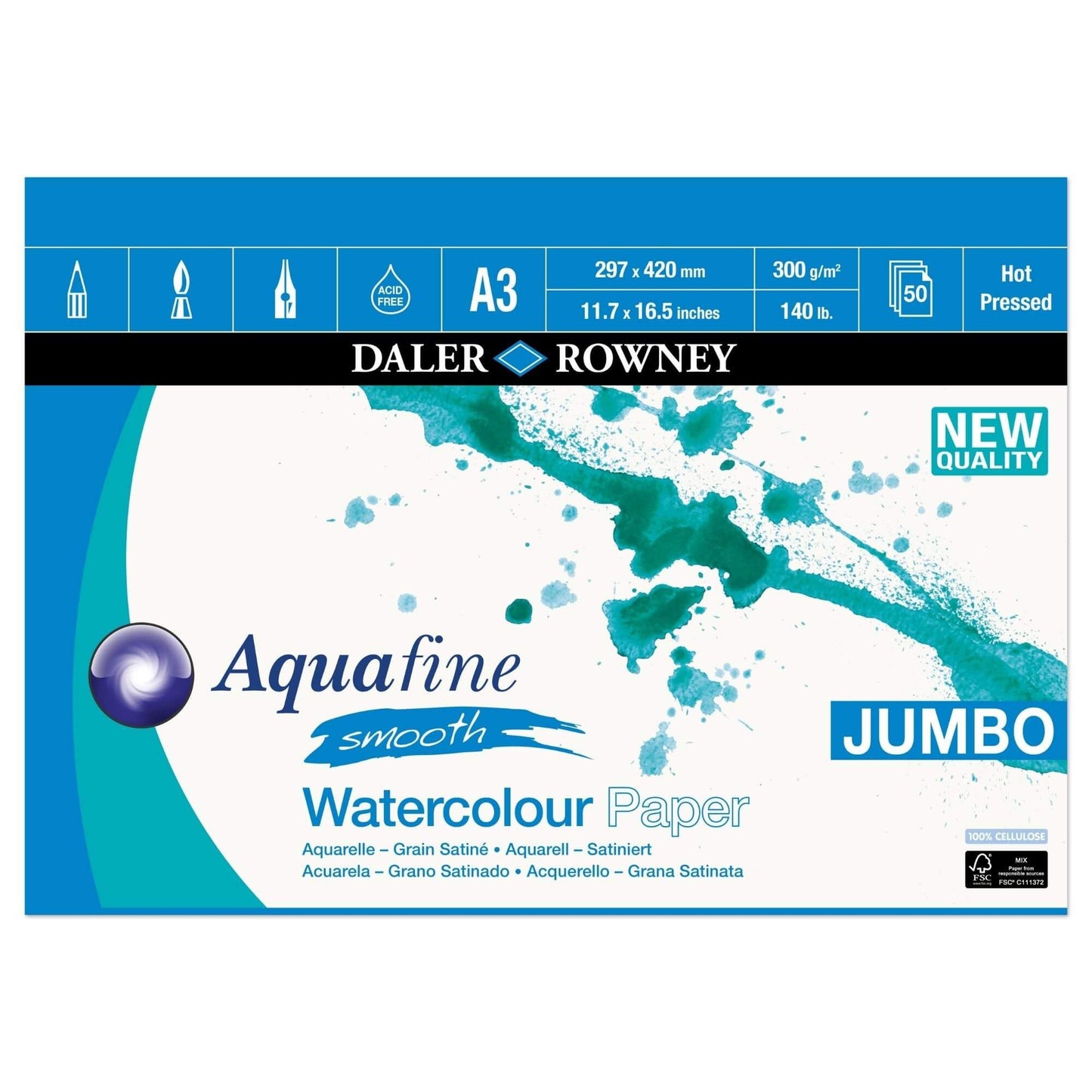 Daler-Rowney Aquafine JUMBO Watercolour Pads - 300gsm (140lb) - HOT PRESSED - A3