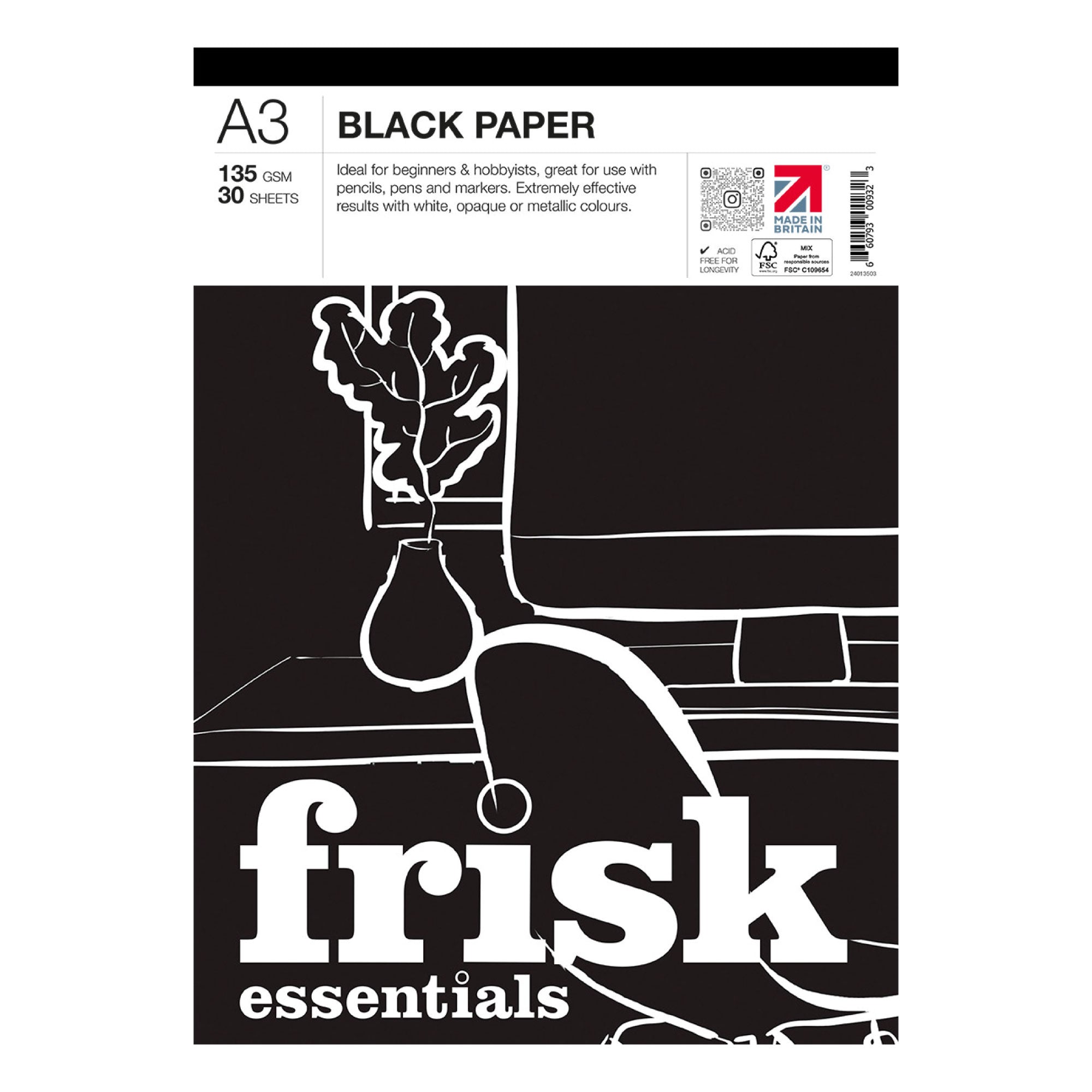 Frisk Essentials Black Paper Pads - 135gsm - 30 Sheets - A3
