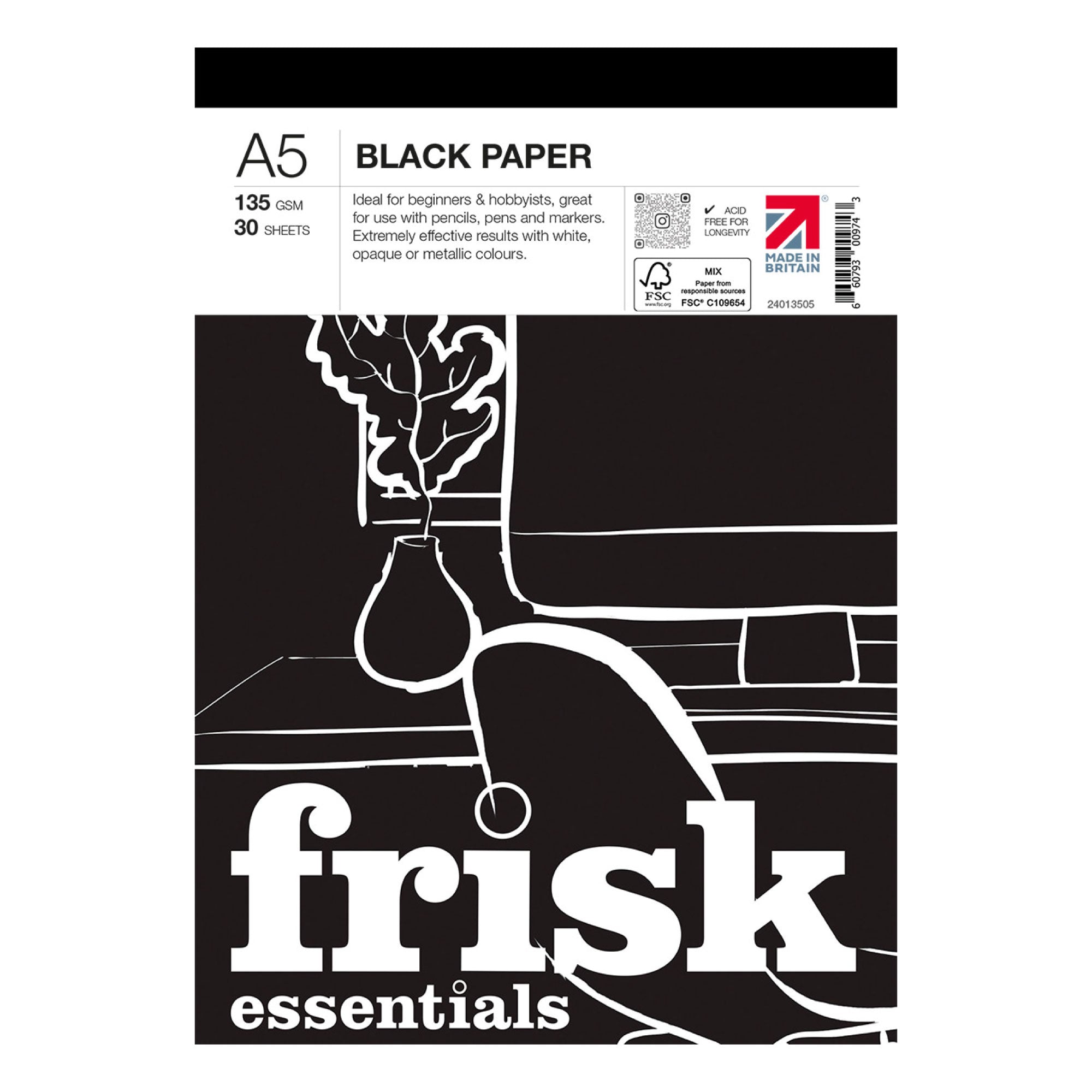 Frisk Essentials Black Paper Pads - 135gsm - 30 Sheets - A5