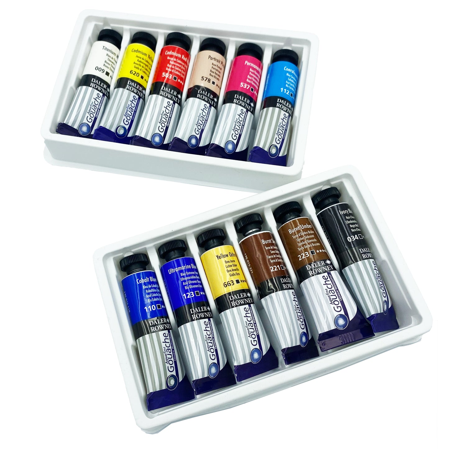 Daler-Rowney Aquafine Gouache Introduction Set - 12 x 15ml showcasing twelve vibrant gouache tubes in a plastic tray.