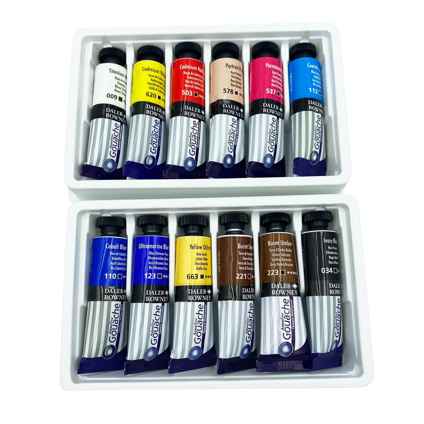 Daler-Rowney Aquafine Gouache Introduction Set - 12 x 15ml tubes arranged in a white tray.