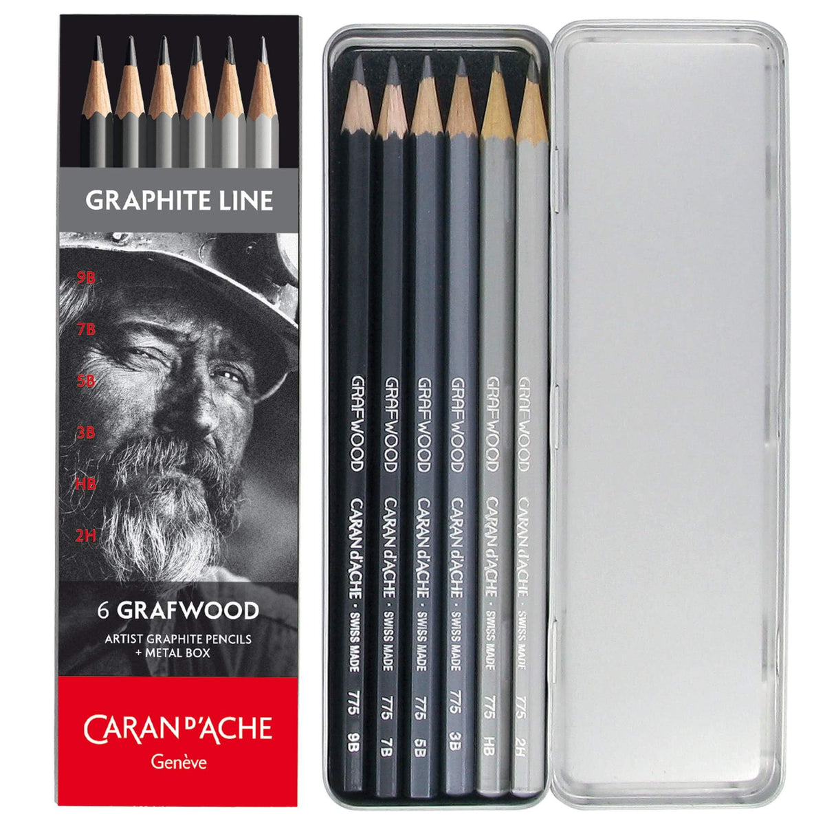 Caran d&#39;Ache 6 Grafwood Artist Graphite Pencils + Metal Box