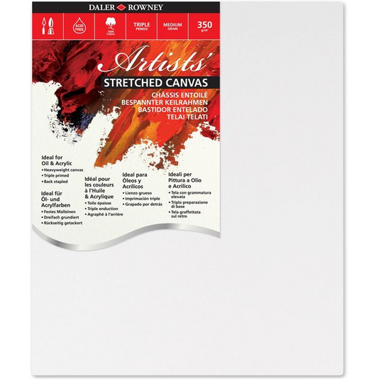 Daler-Rowney Premium Artists Stretched Canvas - Standard profile - SINGLES packaging and product details with medium grain and triple primed.