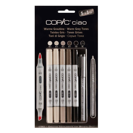 COPIC Ciao Marker 5+1 Grey Tones Set (WARM) featuring 5 warm grey markers and a black fineliner pen.