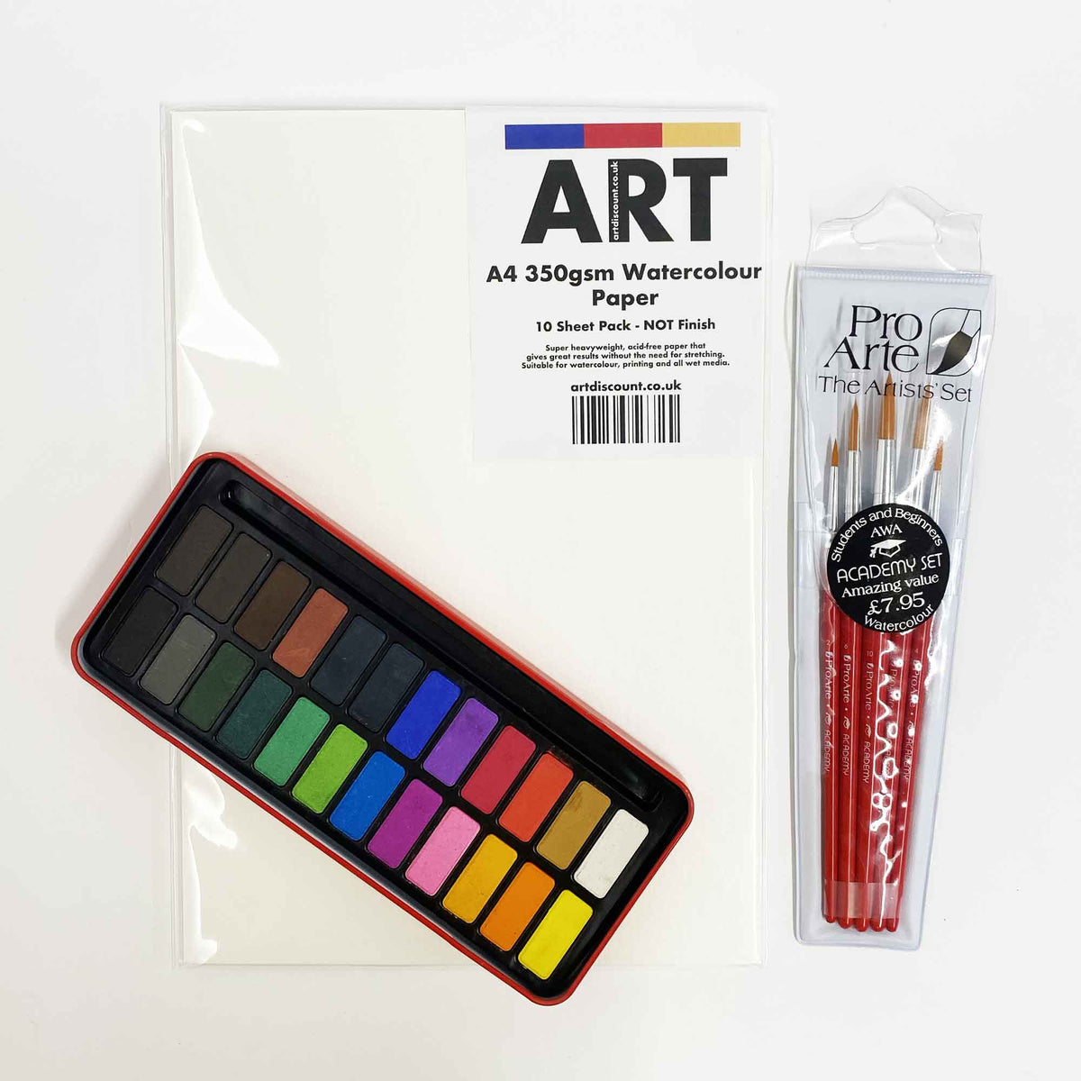 Art Movement Watercolour Painting Class Bundle (A4 350gsm W/C Paper Pack 10, Pro Arte Academy Set of 5  &amp; Red W/C Painting Tin of 24)