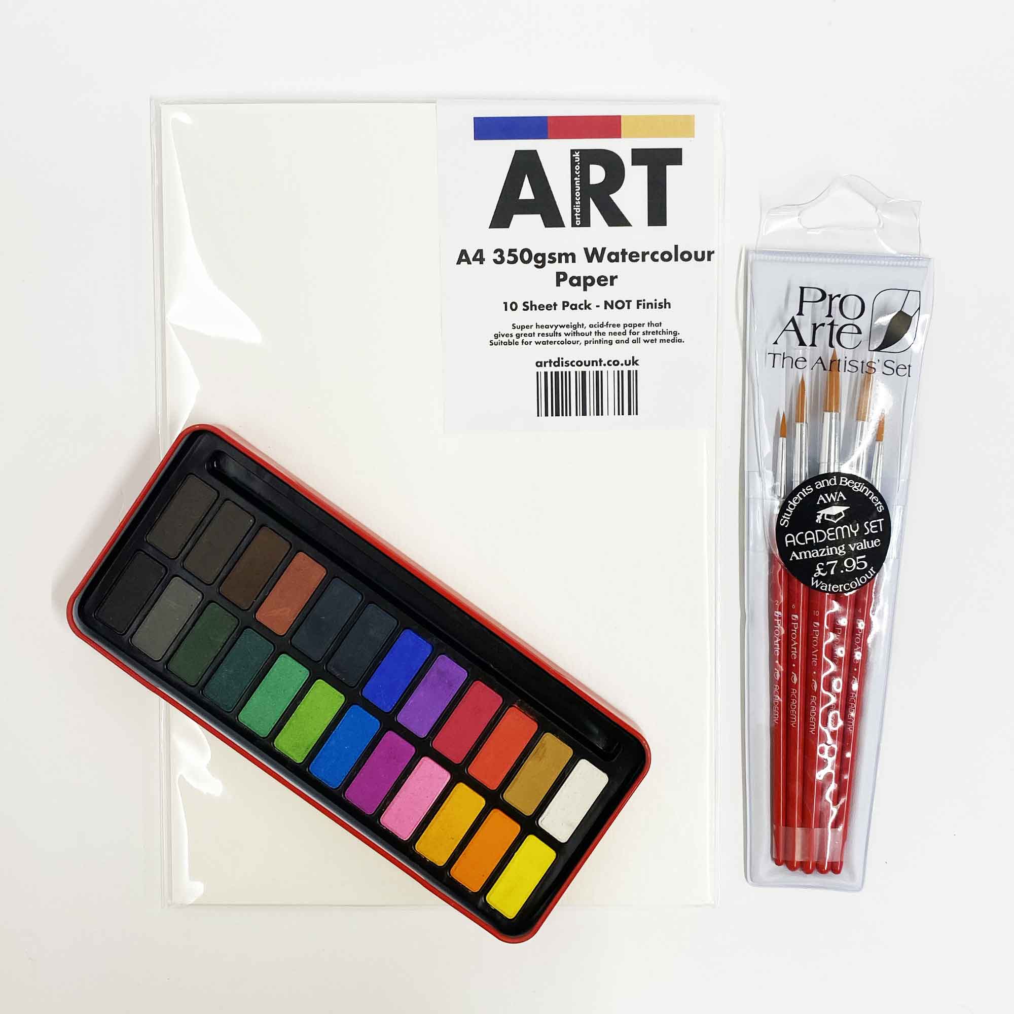 Art Movement Watercolour Painting Class Bundle (A4 350gsm W/C Paper Pack 10, Pro Arte Academy Set of 5  & Red W/C Painting Tin of 24)