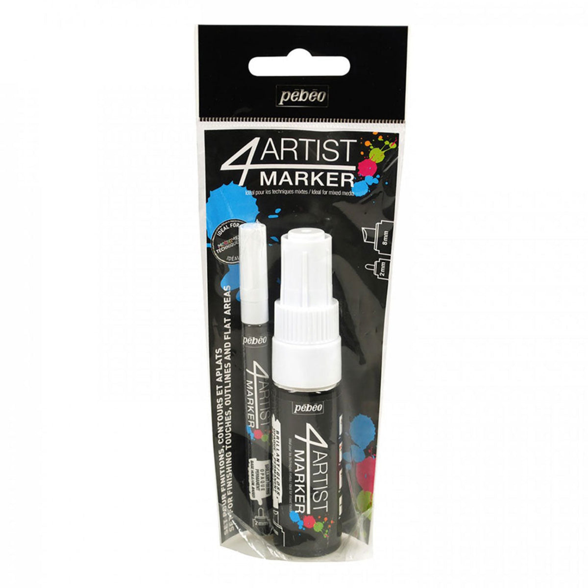 Pebeo 4Artist Set Of 2 WHITE Markers (2mm &amp; 8mm nibs)
